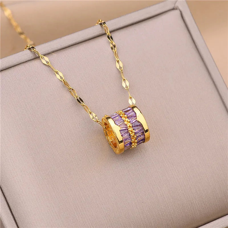 Elegant 316L Stainless Steel Crystal Circle Pendant Necklace – Luxury Gold Minimalist Jewelry for Women