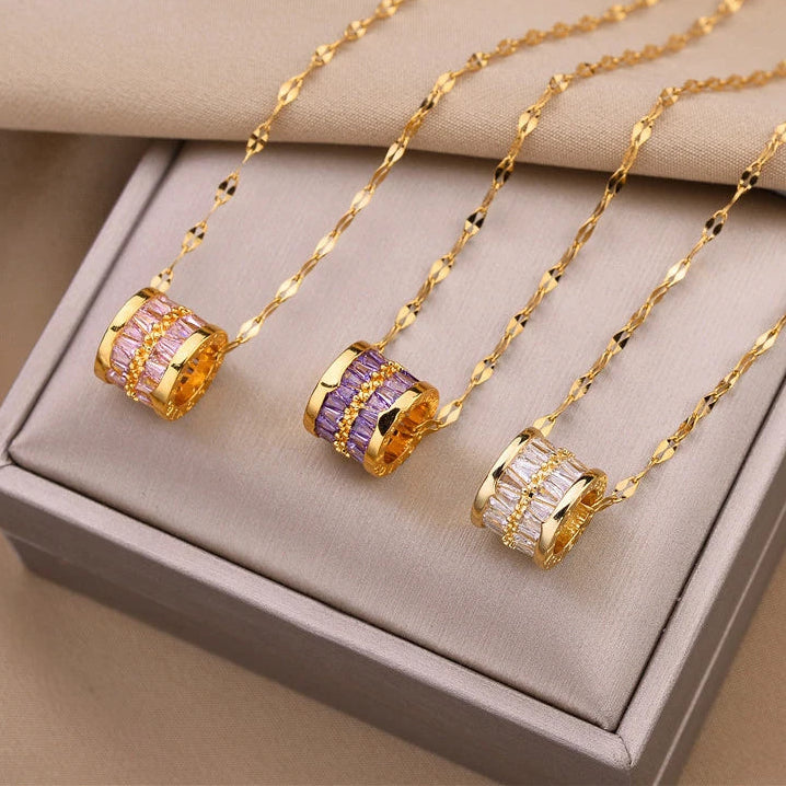 Elegant 316L Stainless Steel Crystal Circle Pendant Necklace – Luxury Gold Minimalist Jewelry for Women