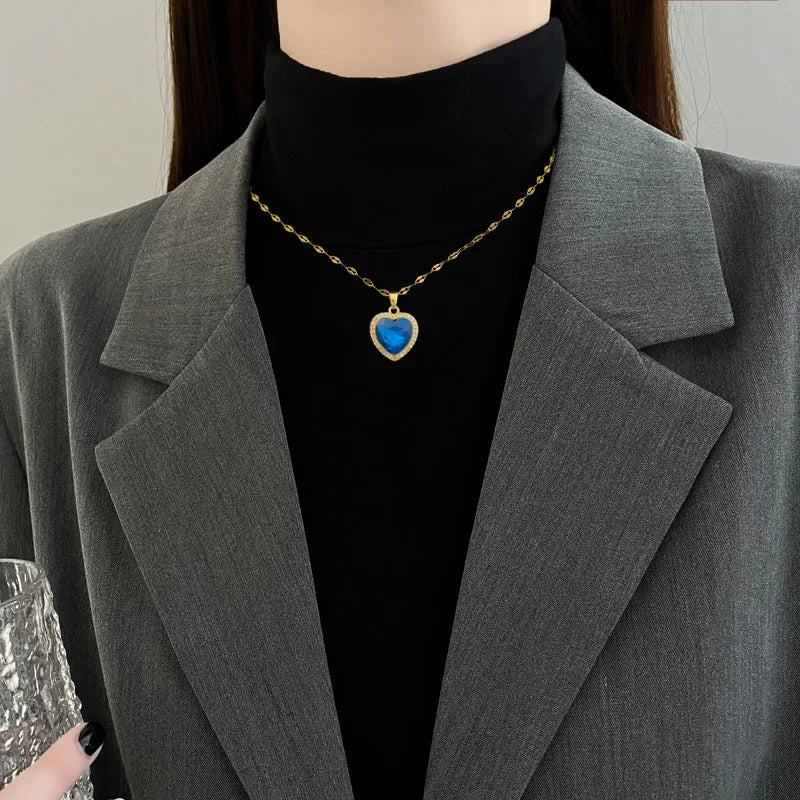 Luxury Blue Crystal Heart Necklace – 316L Stainless Steel Gold Pendant for Women