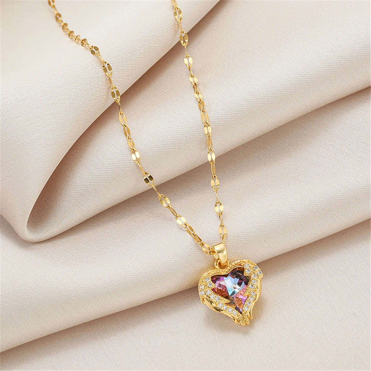 Elegant Rainbow Crystal Heart Pendant – 316L Stainless Steel Waterproof Necklace for Women