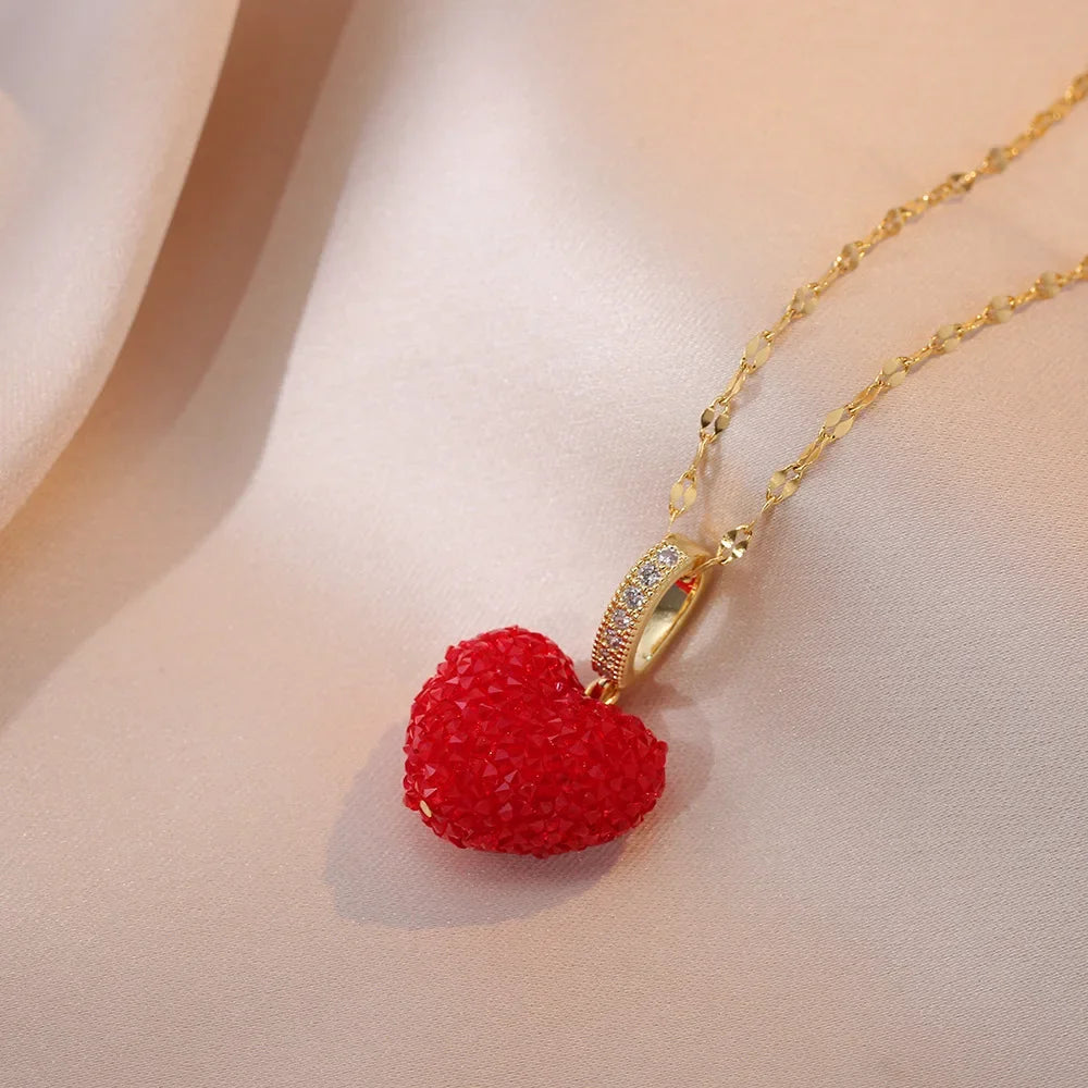 Luxury Crystal Heart Necklace – 316L Stainless Steel Gold Color Pendant for Women