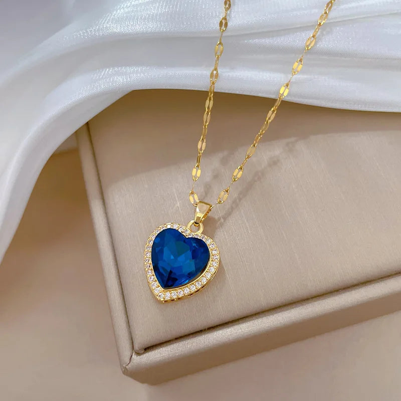 Luxury Blue Crystal Heart Necklace – 316L Stainless Steel Gold Pendant for Women