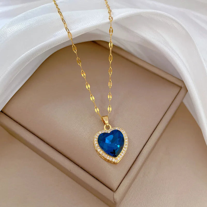Luxury Blue Crystal Heart Necklace – 316L Stainless Steel Gold Pendant for Women