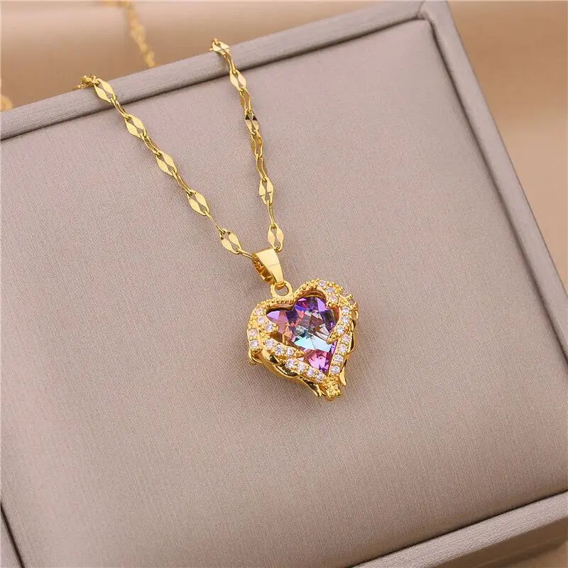 Elegant Rainbow Crystal Heart Pendant – 316L Stainless Steel Waterproof Necklace for Women