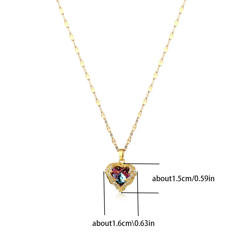 Elegant Rainbow Crystal Heart Pendant – 316L Stainless Steel Waterproof Necklace for Women