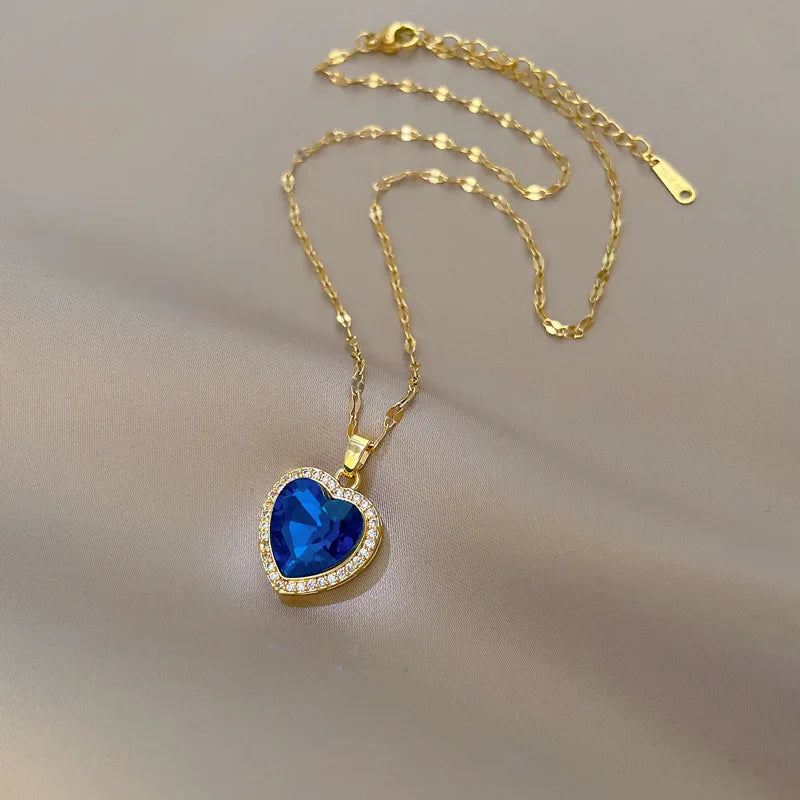 Luxury Blue Crystal Heart Necklace – 316L Stainless Steel Gold Pendant for Women
