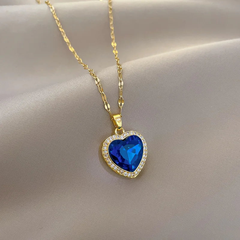 Luxury Blue Crystal Heart Necklace – 316L Stainless Steel Gold Pendant for Women
