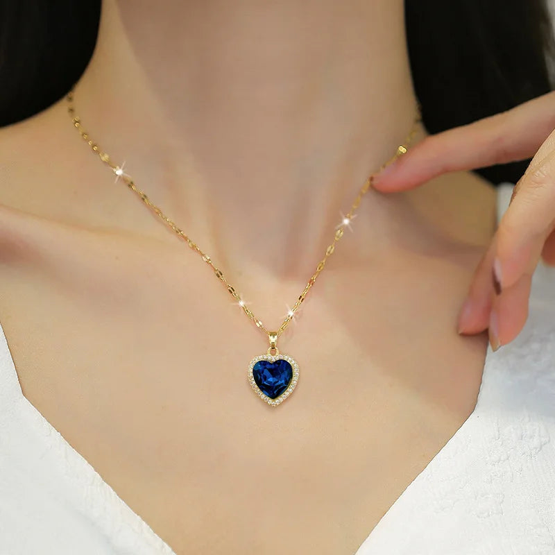 Luxury Blue Crystal Heart Necklace – 316L Stainless Steel Gold Pendant for Women