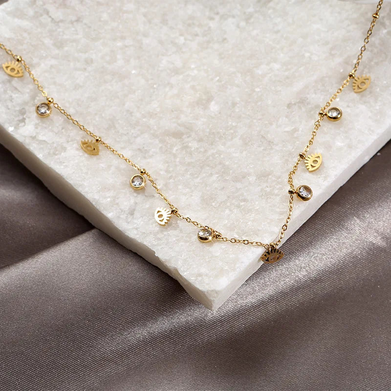 Luxury 316L Stainless Steel Gold Eye Crystal Necklace – Waterproof & Tarnish Free