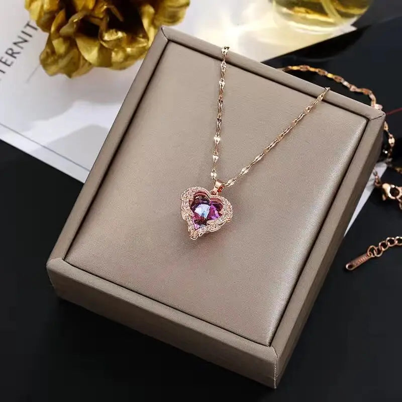 Elegant Rainbow Crystal Heart Pendant – 316L Stainless Steel Waterproof Necklace for Women