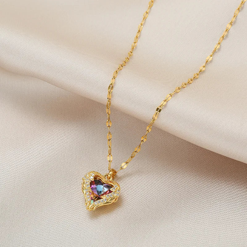 Elegant Rainbow Crystal Heart Pendant – 316L Stainless Steel Waterproof Necklace for Women