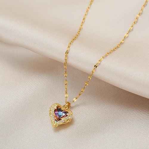 Elegant Rainbow Crystal Heart Pendant – 316L Stainless Steel Waterproof Necklace for Women