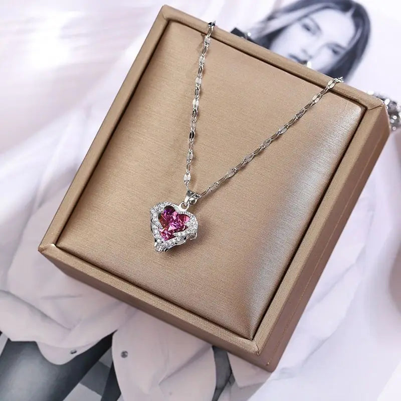Elegant Rainbow Crystal Heart Pendant – 316L Stainless Steel Waterproof Necklace for Women