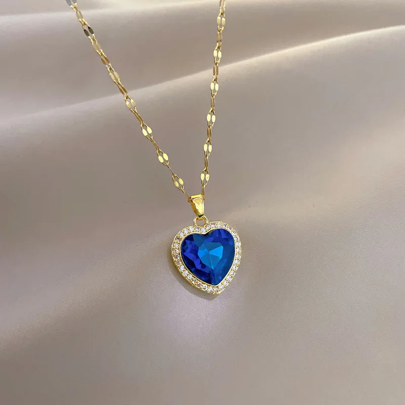 Luxury Blue Crystal Heart Necklace – 316L Stainless Steel Gold Pendant for Women