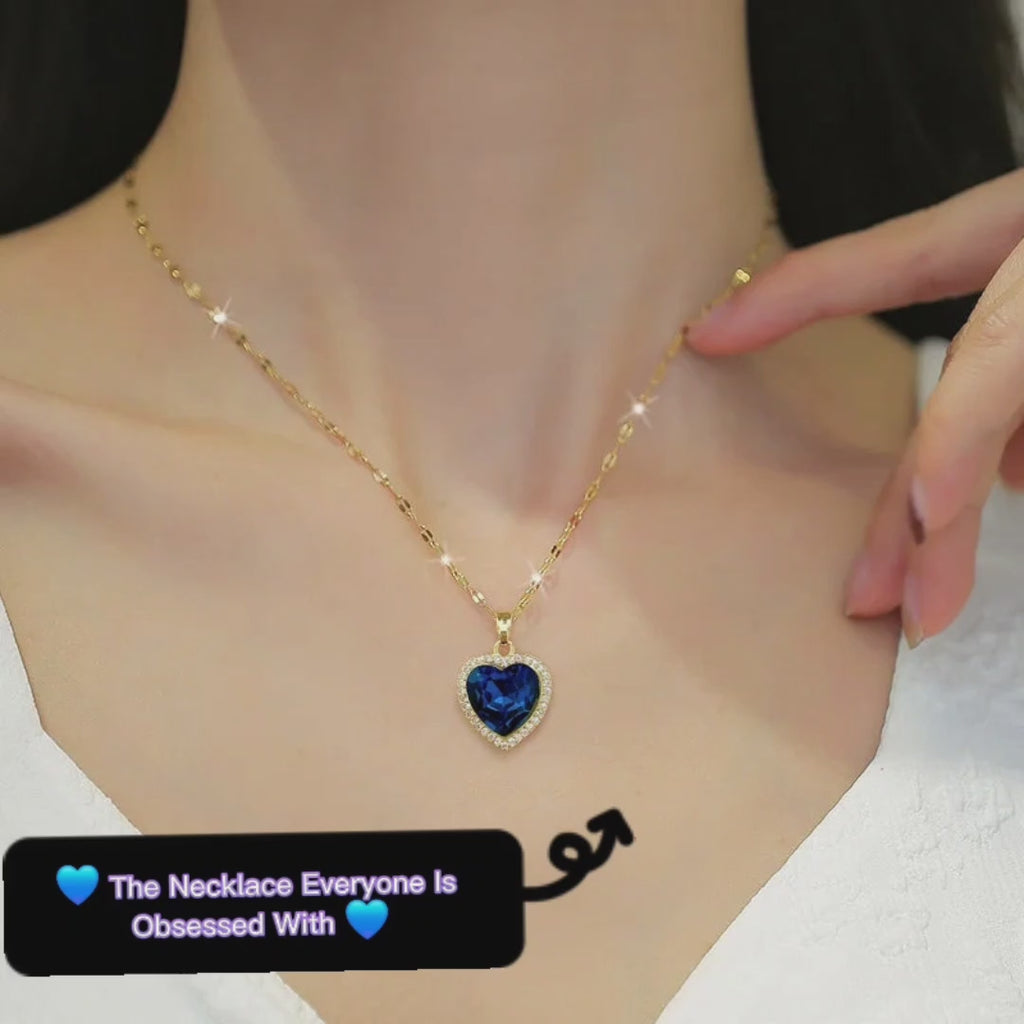 Luxury Blue Crystal Heart Necklace – 316L Stainless Steel Gold Pendant for Women